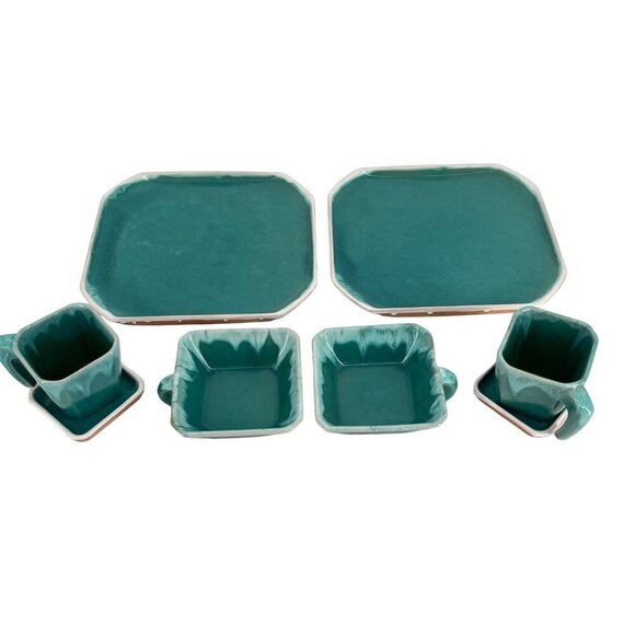 Vintage Turquoise Ceramic Dinnerware Set ‎ 6 Pieces  Square Plates & Mugs - Picture 1 of 13